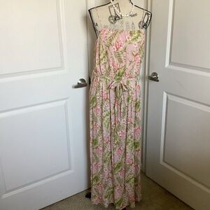Zenobia Pink Floral Maxi Sleeveless Dress with Green Leaf Print